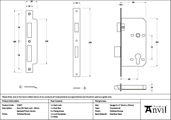 From The Anvil - Polished Bronze Euro Din Sash Lock - 60mm Backset/72mm Centre - 51807