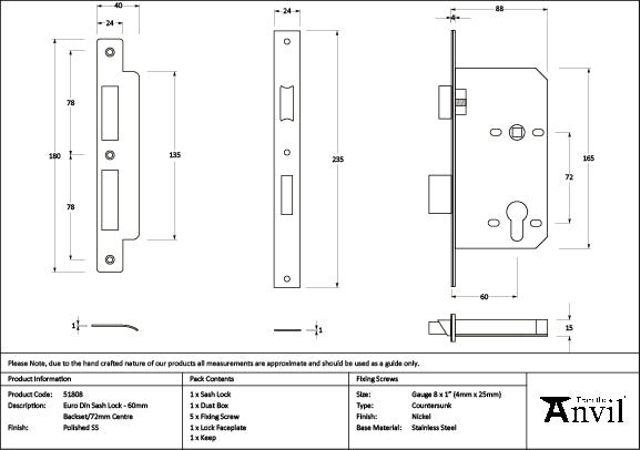 From The Anvil - Polished SS Euro Din Sash Lock - 60mm Backset/72mm Centre - 51808