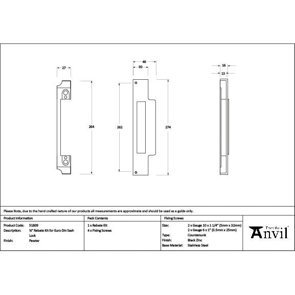 From The Anvil - Pewter ½" Rebate Kit for Euro Din Sash Lock - 51809 - Choice Handles