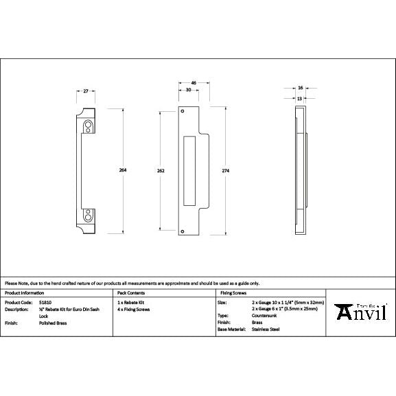 From The Anvil - Polished Brass ½" Rebate Kit for Euro Din Sash Lock - 51810 - Choice Handles