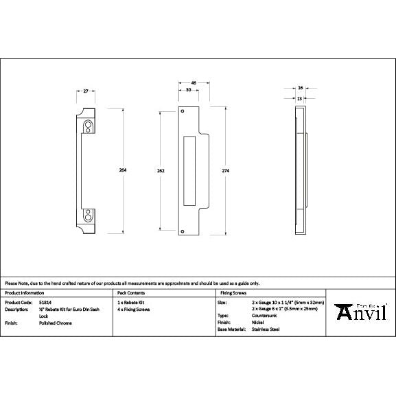 From The Anvil - Polished Chrome ½" Rebate Kit for Euro Din Sash Lock - 51814 - Choice Handles