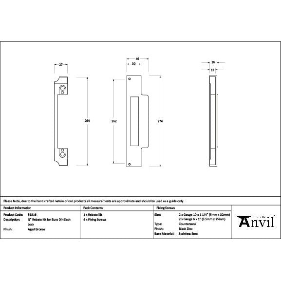 From The Anvil - Aged Bronze ½" Rebate Kit for Euro Din Sash Lock - 51816 - Choice Handles