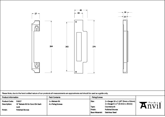 From The Anvil - Polished Bronze ½" Rebate Kit for Euro Din Sash Lock - 51817