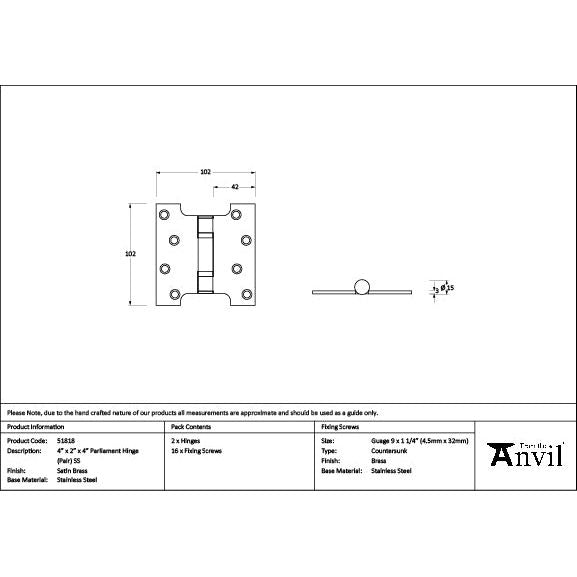 From The Anvil - Satin Brass 4" x 2" x 4"  Parliament Hinge (pair) ss - 51818