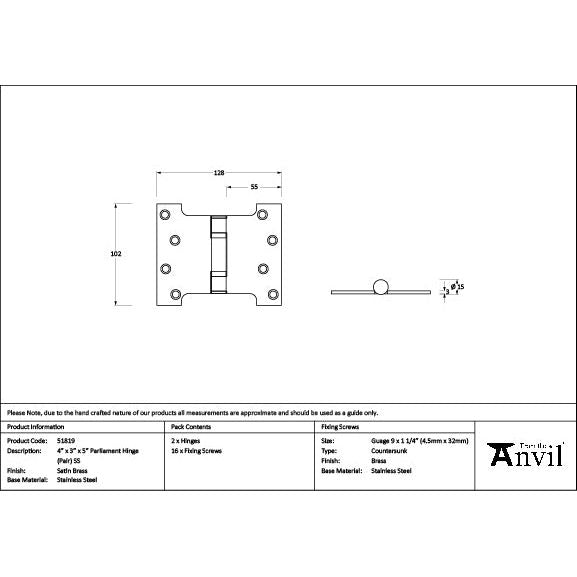 From The Anvil - Satin Brass 4" x 3" x 5" Parliament Hinge (pair) ss - 51819 - Choice Handles