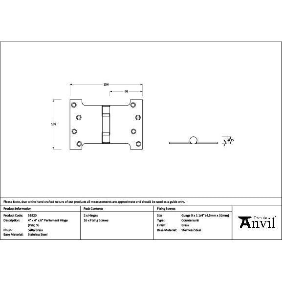 From The Anvil - Satin Brass 4" x 4" x 6" Parliament Hinge (pair) ss - 51820 - Choice Handles