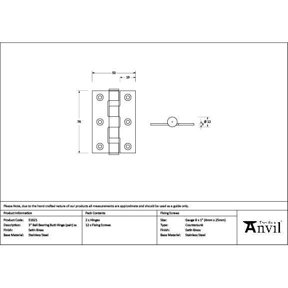 From The Anvil - Satin Brass 3" Ball Bearing Butt Hinge (Pair) ss - 51821 - Choice Handles
