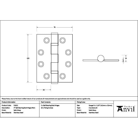 From The Anvil - Satin Brass 4" Ball Bearing Butt Hinge (Pair) ss - 51822