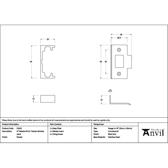 From The Anvil - Pewter ½" Rebate Kit for Tubular Mortice Latch - 51823 - Choice Handles