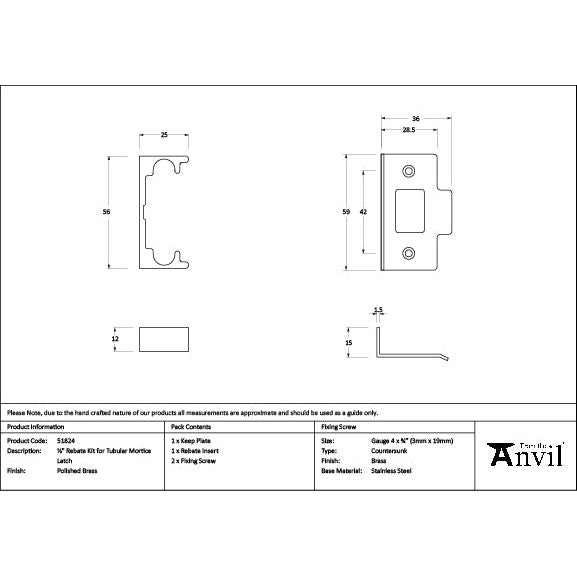 From The Anvil - Polished Brass ½" Rebate Kit for Tubular Mortice Latch - 51824 - Choice Handles