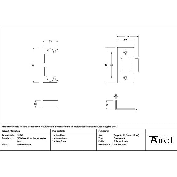 From The Anvil - Polished Bronze ½" Rebate Kit for Tubular Mortice Latch - 51830 - Choice Handles