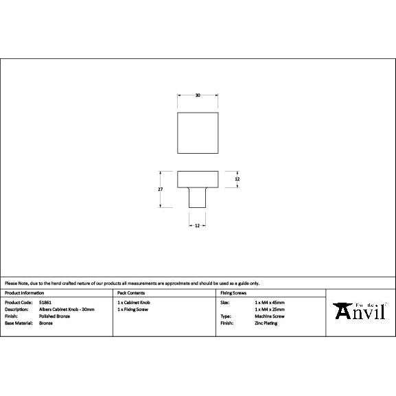 From The Anvil - Polished Bronze Albers Cabinet Knob - 30mm - 51861 - Choice Handles