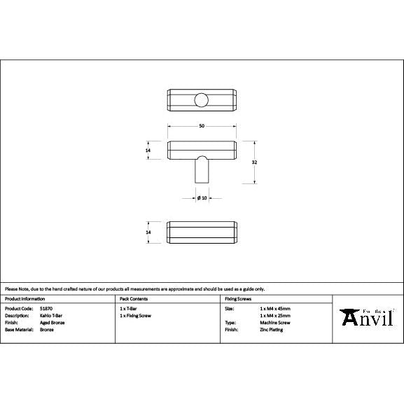 From The Anvil - Aged Bronze Kahlo T-Bar - 51870 - Choice Handles