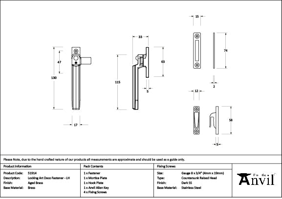 From The Anvil - Aged Brass Locking Art Deco Fastener - LH - 51914