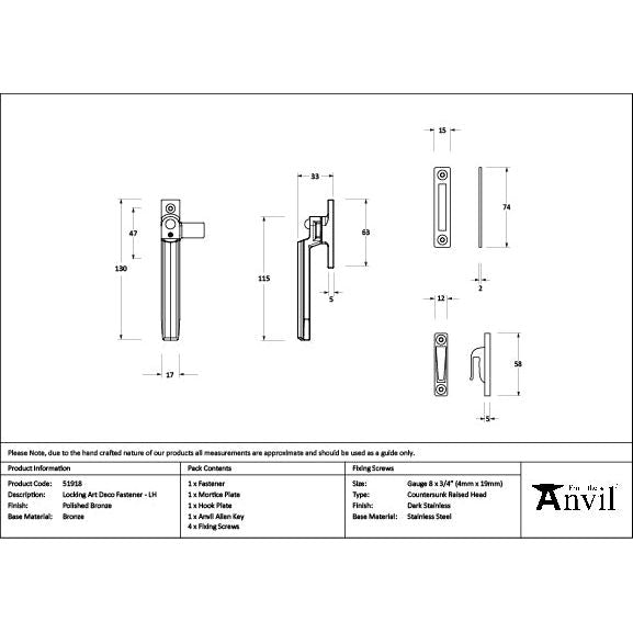From The Anvil - Polished Bronze Locking Art Deco Fastener - LH - 51918 - Choice Handles