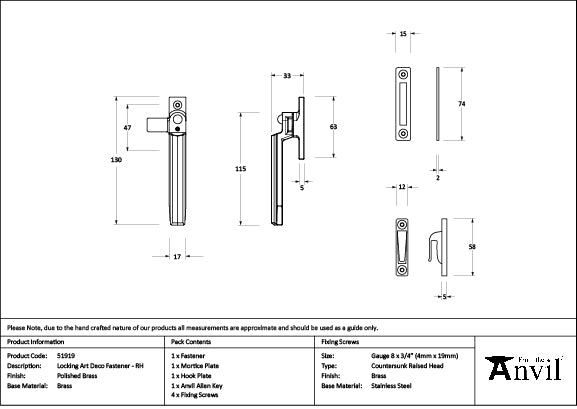 From The Anvil - Polished Brass Locking Art Deco Fastener - RH - 51919