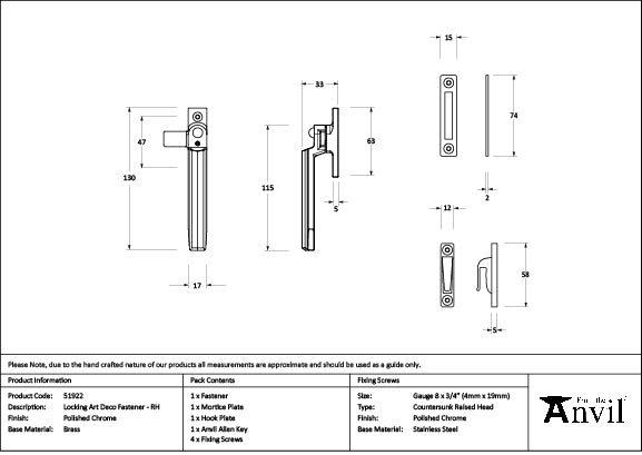 From The Anvil - Polished Chrome Locking Art Deco Fastener - RH - 51922
