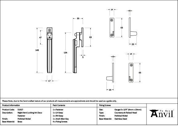 From The Anvil - Polished Nickel Night-Vent Locking Art Deco Fastener - 51927