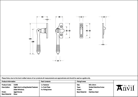 From The Anvil - Aged Bronze Night-Vent Locking Reeded Fastener (Steel Window) - 51993