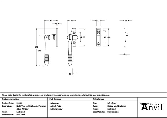 From The Anvil - Matt Black Night-Vent Locking Reeded Fastener (Steel Window) - 51994