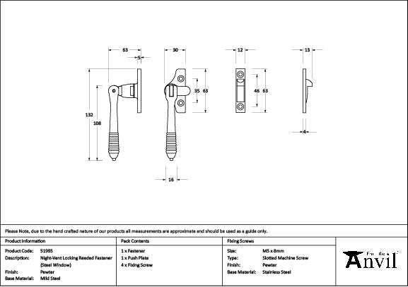 From The Anvil - Pewter Night-Vent Locking Reeded Fastener (Steel Window) - 51995