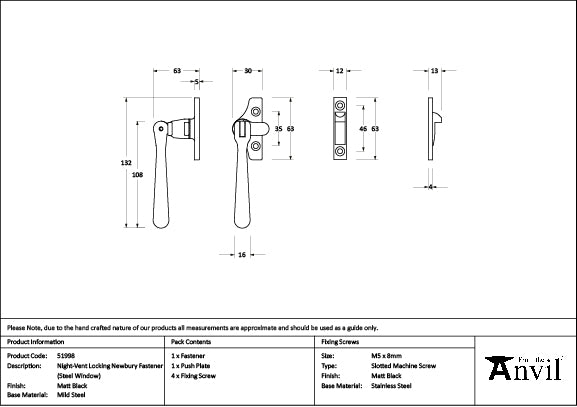From The Anvil - Matt Black Night-Vent Locking Newbury Fastener (Steel Window) - 51998