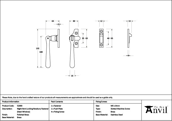 From The Anvil - Polished Brass Night-Vent Locking Newbury Fastener (Steel Window) - 52000