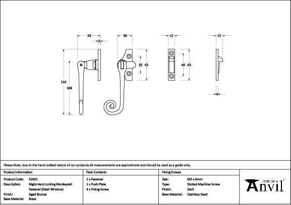 From The Anvil - Aged Bronze Night-Vent Locking Monkeytail Fastener (Steel Window) - 52001