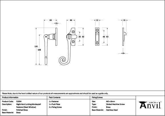From The Anvil - Polished Brass Night-Vent Locking Monkeytail Fastener (Steel Window) - 52004