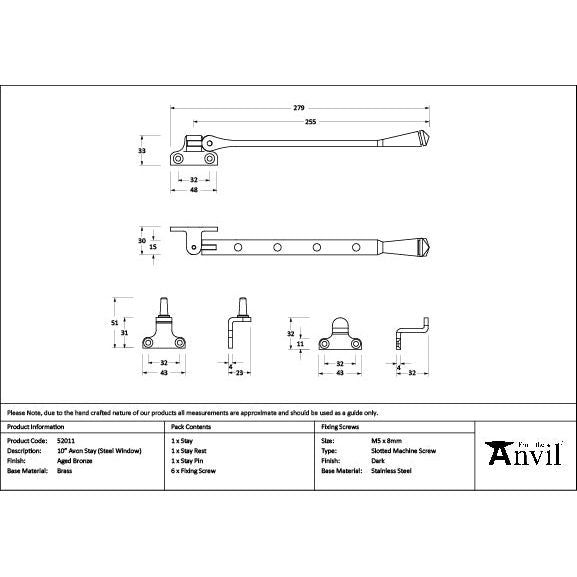 From The Anvil - Aged Bronze 10" Avon Stay (Steel Window) - 52011 - Choice Handles