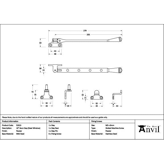 From The Anvil - Pewter 10" Avon Stay (Steel Window) - 52013 - Choice Handles