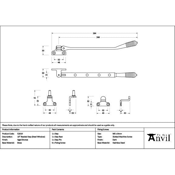 From The Anvil - Aged Bronze 10" Reeded Stay (Steel Window) - 52019 - Choice Handles