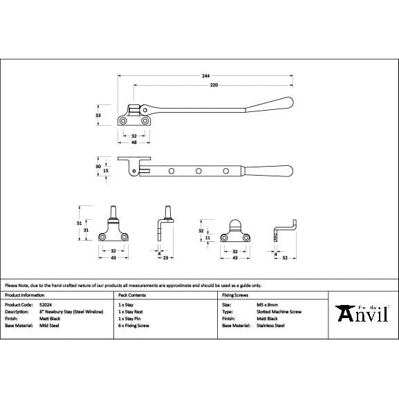 From The Anvil - Matt Black 8" Newbury Stay (Steel Window) - 52024 - Choice Handles