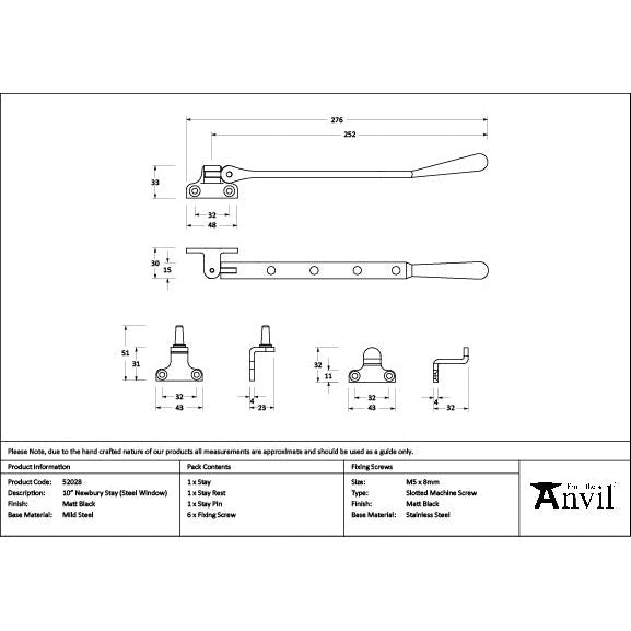 From The Anvil - Matt Black 10" Newbury Stay (Steel Window) - 52028 - Choice Handles