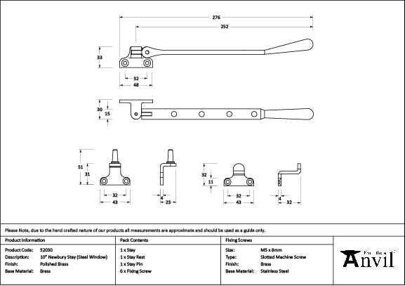 From The Anvil - Polished Brass 10" Newbury Stay (Steel Window) - 52030