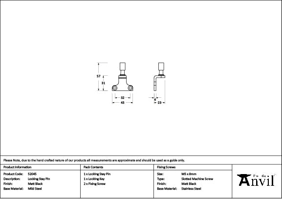 From The Anvil - Matt Black Locking Stay Pin (Steel Window) - 52045