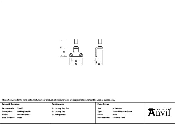 From The Anvil - Polished Brass Locking Stay Pin (Steel Window) - 52047