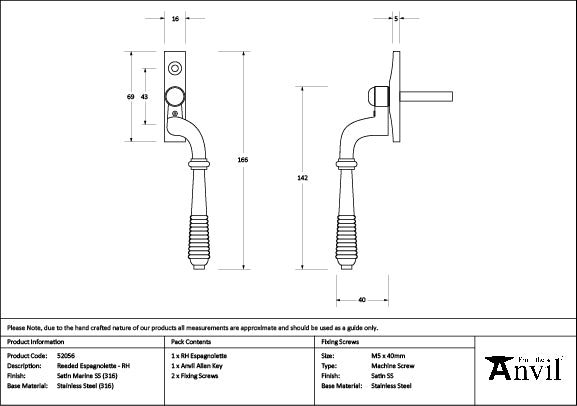 From The Anvil - Satin Marine SS (316) Reeded Espag - RH - 52056