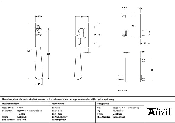 From The Anvil - Matt Black Night-Vent Locking Newbury Fastener - 52060