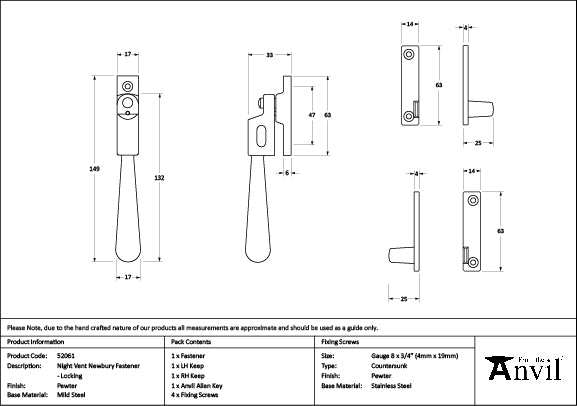 From The Anvil - Pewter Night-Vent Locking Newbury Fastener - 52061