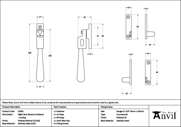 From The Anvil - Polished Marine SS (316) Night-Vent Locking Newbury Fastener - 52062