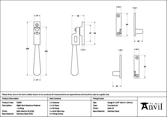 From The Anvil - Satin Marine SS (316) Night-Vent Locking Newbury Fastener - 52063