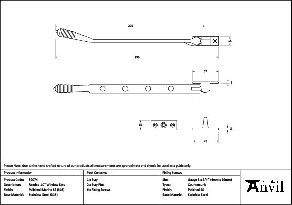 From The Anvil - Polished Marine SS (316) 10" Reeded Stay - 52074