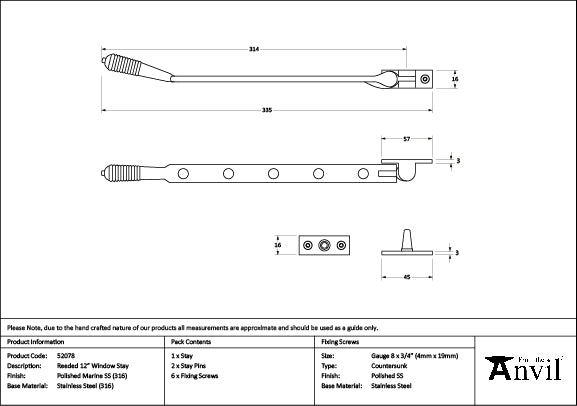 From The Anvil - Polished Marine SS (316) 12" Reeded Stay - 52078