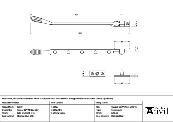 From The Anvil - Satin Marine SS (316) 12" Reeded Stay - 52079