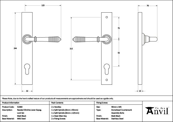 From The Anvil - Matt Black Reeded Slimline Lever Espag. Lock Set - 52080