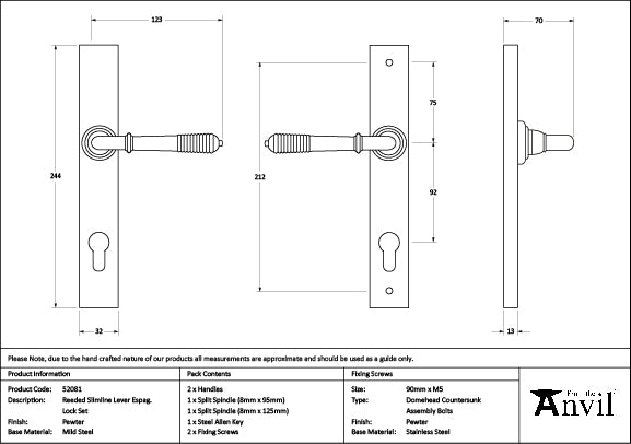From The Anvil - Pewter Reeded Slimline Lever Espag. Lock Set - 52081