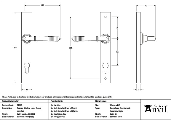 From The Anvil - Satin Marine SS (316) Reeded Slimline Lever Espag. Lock Set - 52083