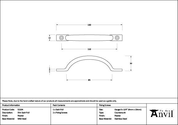 From The Anvil - Pewter Slim Sash Pull - 52104