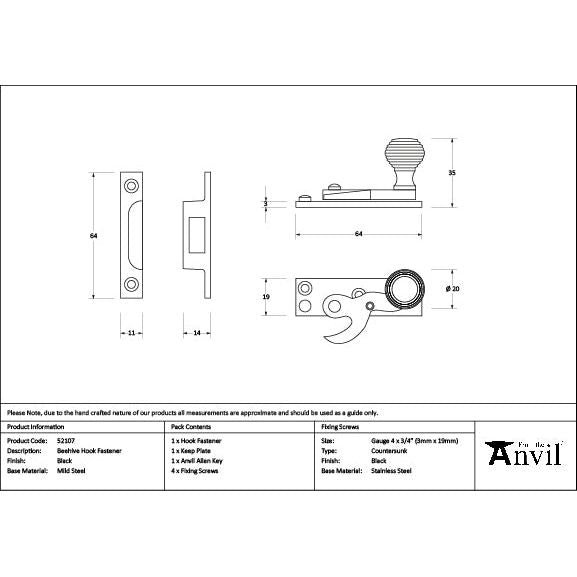 From The Anvil - Black Beehive Sash Hook Fastener - 52107 - Choice Handles